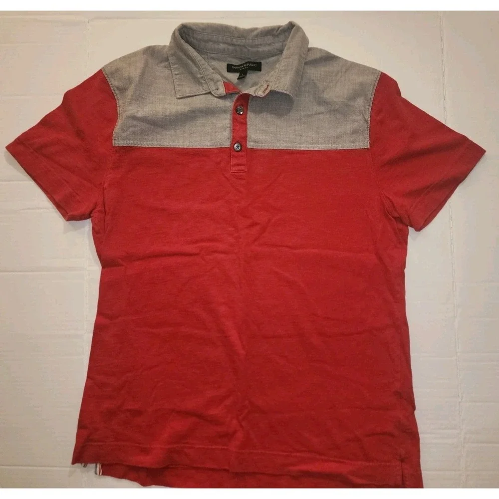 Banana Republic Gray Red Polo Short Sleeve Men's L Slim Fit